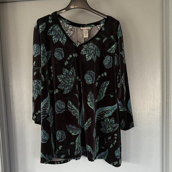 Catherines sz 3X Women's Stretchy Velvet Sweater 3/4 Sleeves V-Neck Leaf Print - Picture 1 of 5